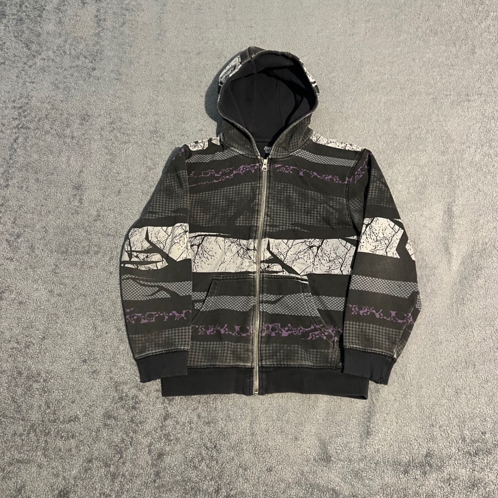 Vintage Y2K Grunge Skull Boys Medium Zip Up Hoodie Grey Black Purple Pattern